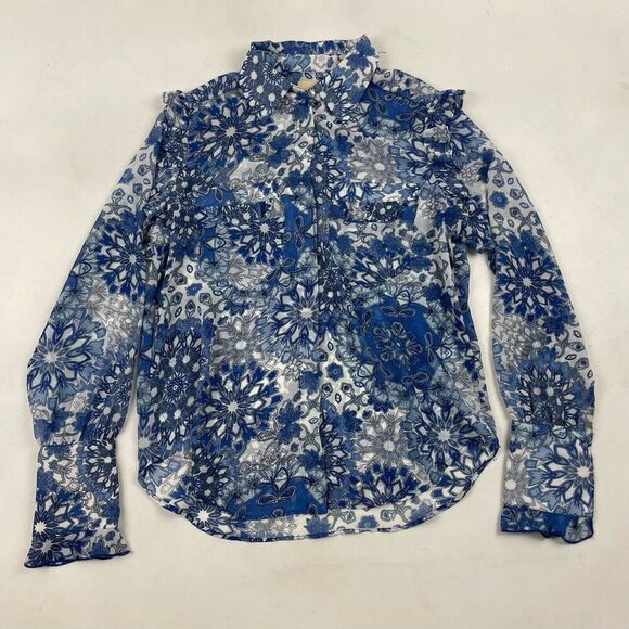 Elie. Tahari Sheer Button Blouse Blue Spanish Tile Ruffles L/S Flounce Floral XS - Picture 3 of 7
